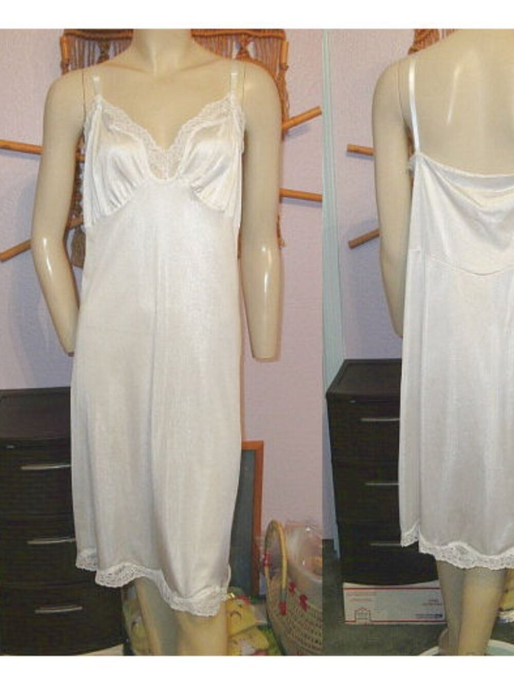 Vtg 50s Satin Lace Trim Slip Dress Size 2X Babydoll Chemise Tradwife Coquette US